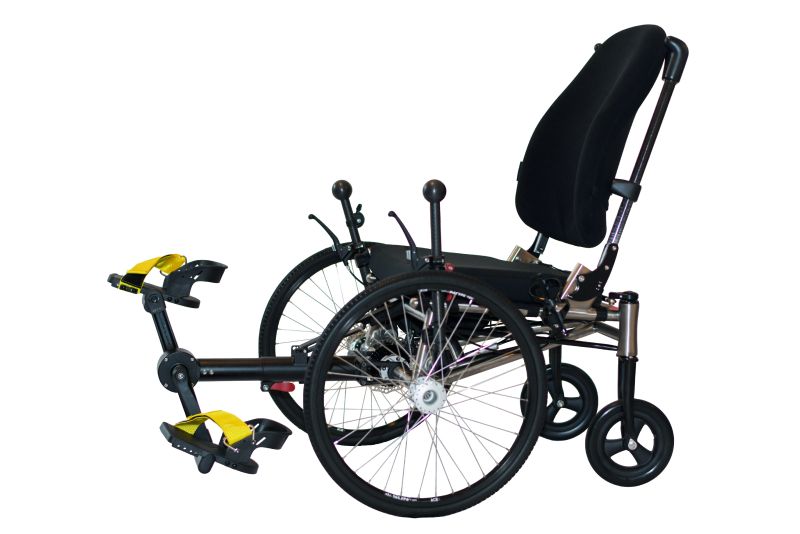 Image of a Velochair mobility device that can be propelled minimally with one leg and steered minimally with one arm.