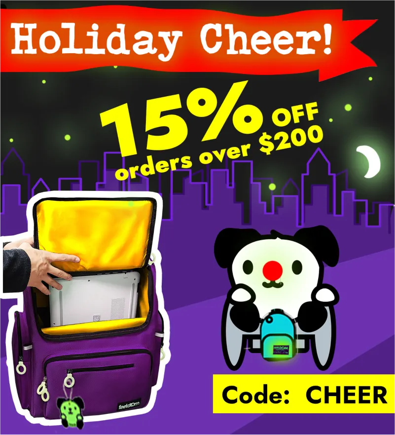 A purple FEELDOM wheelchair bag with yellow interior is featured with an illustrated panda and a purple city skyline in the background. It reads: Holiday Cheer! 15% off orders over $200. Code: CHEER