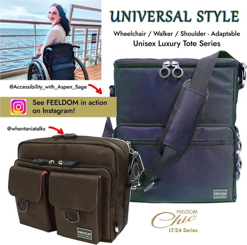 A blue and brown bag from the FEELDOM Wheelchair Luxury Tote Series is depicted under the headline Universal Style. A picture of accessible travel guru Aspen Sage appears at the top.