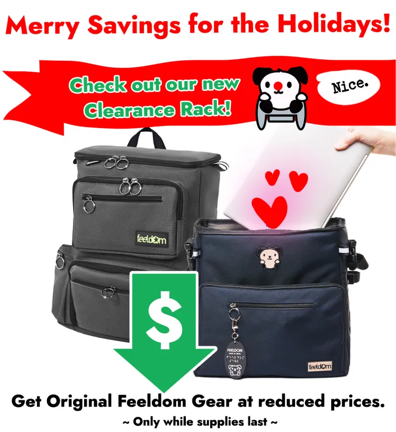 A gray and blue FEELDOM wheelchair bag appears with the message: Merry Savings for the Holidays! Check out our new Clearance Rack! Get original Feeldom gear at reduced prices. Only while supplies last.