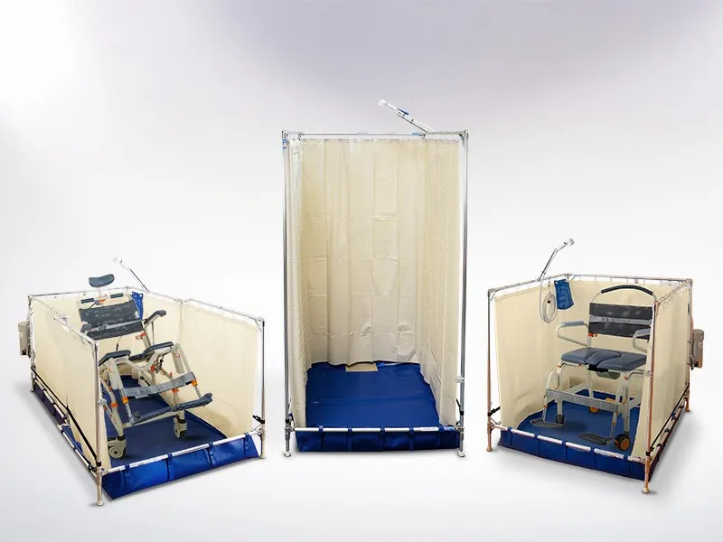 A tall FAWSsit Portable Shower is flanked by two shorter ones with shower chairs inside.