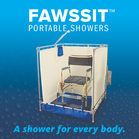 Image of a FAWSsit Portable Shower with a wheelchair inside on a blue water-beaded back ground. It also reads: A shower for everybody.