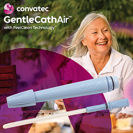 A senior woman is smiling in the background with an image of a catheter in the foreground. It reads: Convatec Gentle CathAir with FeelClean Technology