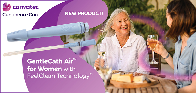 A senior woman is enjoying hors d'œuvres and wine with a friend. An image of a catheter is featured on a purple background. It reads: Convatec Continence Care New Product Gentle CathAir for Women with FeelClean Technology.