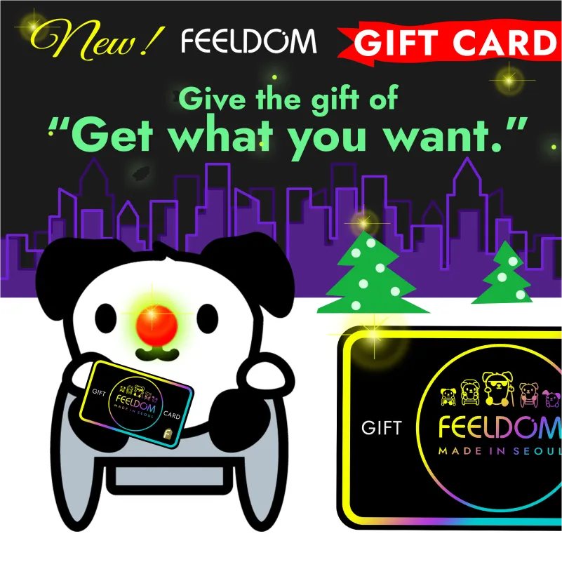 A rainbow colored FEELDOM gift card is featured with an illustrated panda and a purple city skyline in the background. It reads: New! Feeldom Gift Card. Give the gift of “Give what you want.