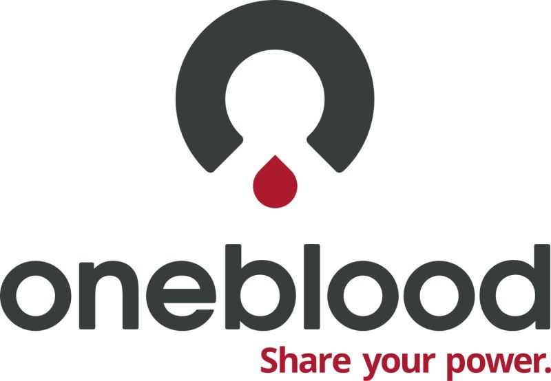 Dark gray and red OneBlood logo. It reads: Share your power.