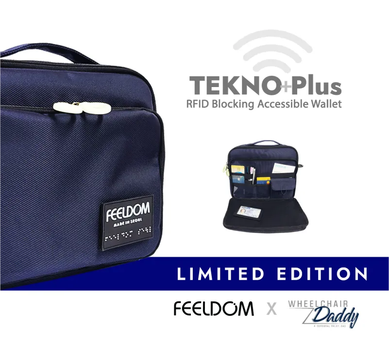 A blue FEELDOM wheelchair bag appears with the message:TEKNO+Plus RFID Blocking Accessible Wallet Limited Edition FEELDOM x Wheelchair Daddy