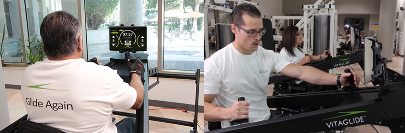 Two images of two wheelchair-users exercising on the VitaGlide in the gym