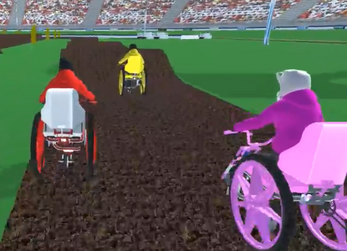 Wheelchair Super X gameplay featuring the red, pink and yellow players about to ride the whoops.