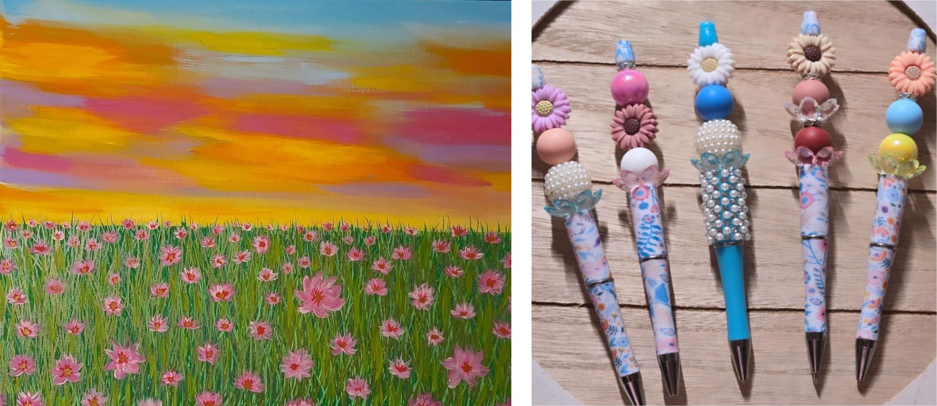 Two images showcase colorfully beaded pens and a painting of a field of wild flowers at sunset.