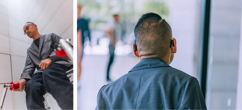 Two images of a man from the front and back wearing a dark gray adaptive wool blazer. You can see a mobility device in one.