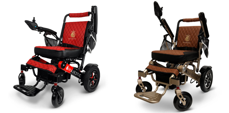 Two ComfyGO Majestic Wheelchair are featured in red and brown.