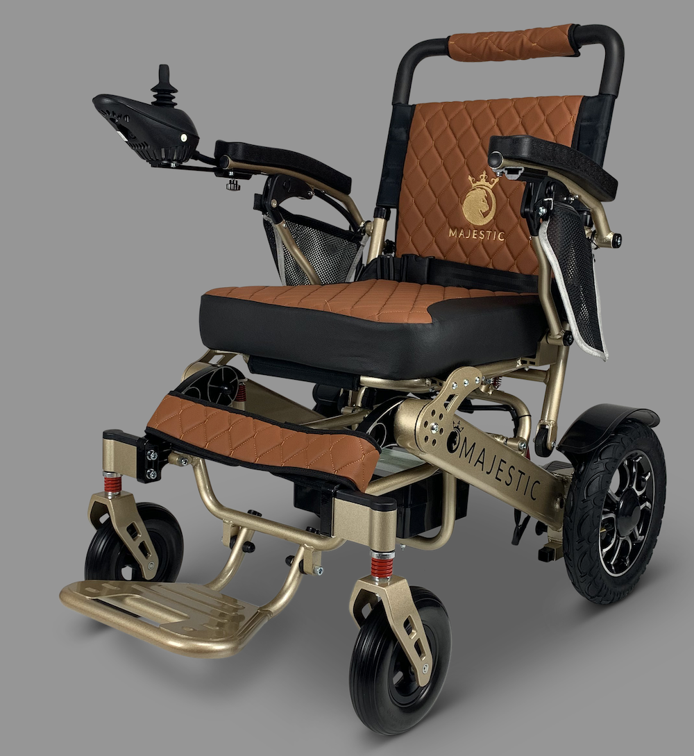 ComfyGO MAJESTIC IQ-7000 Auto Folding Remote Controlled Electric Wheelchair in taba, black and bronze.