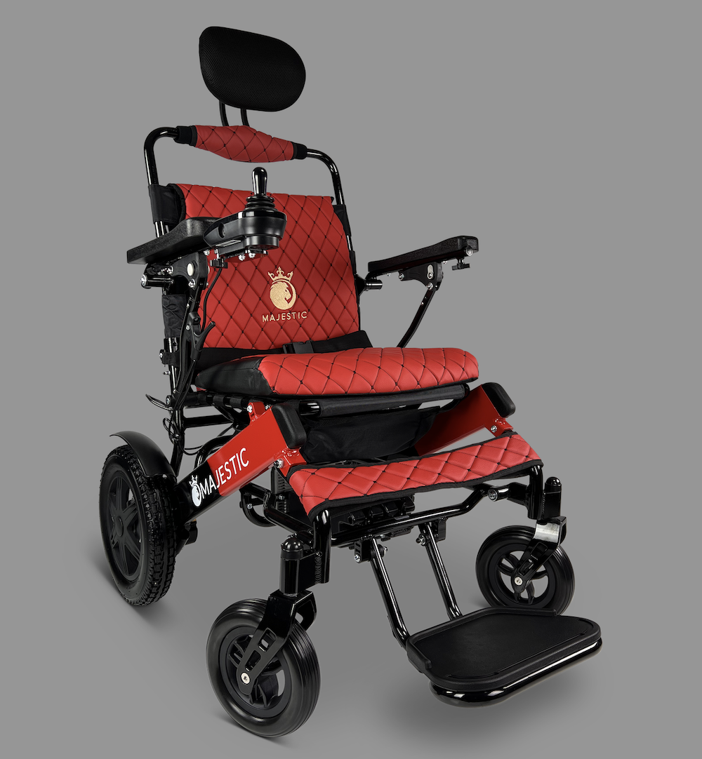 ComfyGO MAJESTIC IQ-9000 Remote Controlled Lightweight Electric Wheelchair in red and black.