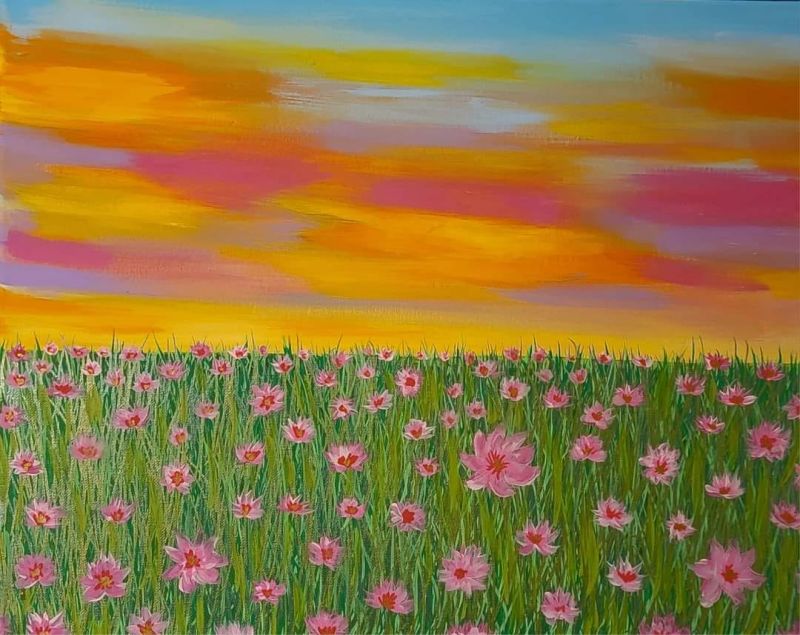 Colorful painting of a field of wild flowers at sunset.