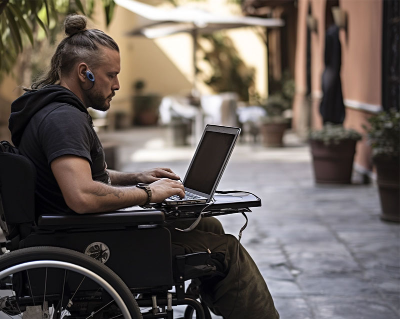 Digital nomad types on a laptop in a Naples alley.