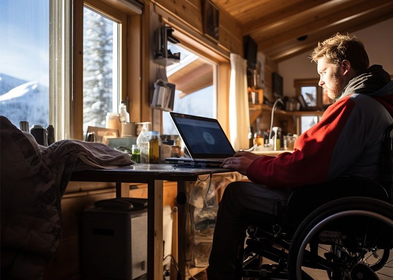 Digital Nomad works in his apartment in the alps.