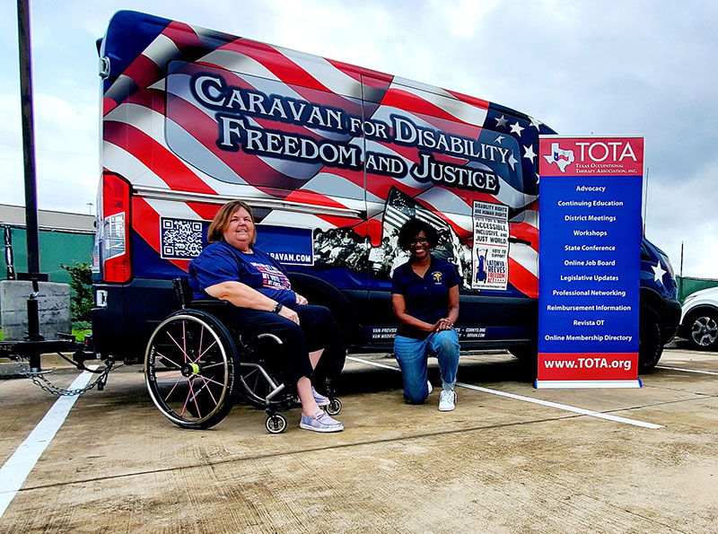 Driver and CDFJ Team member, Sandy Hanebrink and Judy Joseph, Executive Director of Texas Occupational Therapy Association (TOTA), pose in front of the Caravan for Disability Freedom and Justice van in Katy, TX (May 12, 2024)