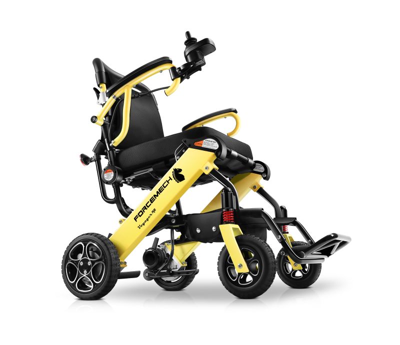 Image of a yellow and black Forcemech foldable powerchair.