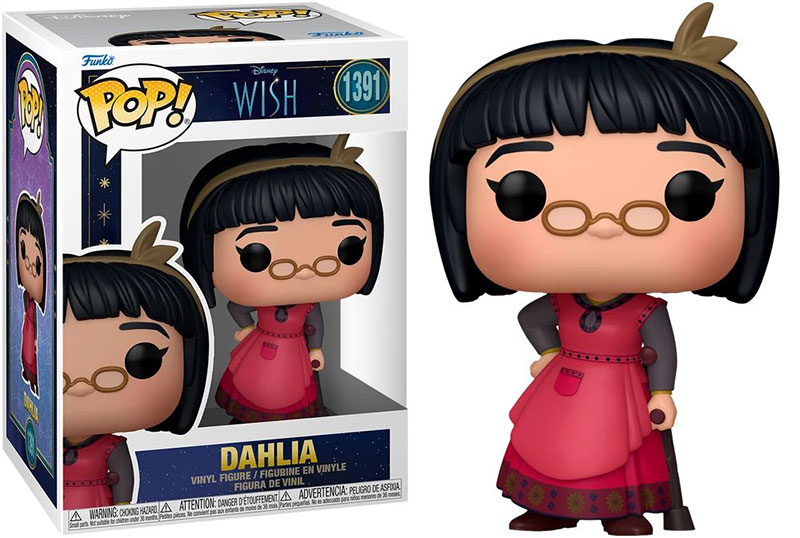 Funko Pop doll of glasses-wearing, crutch-using Dahlia, both in and out of the Funko Pop box.