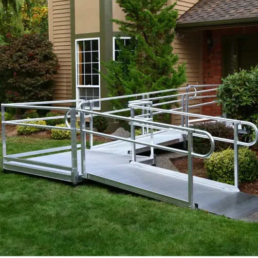 A Lifeway Mobility ramp makes the approach to the front door of a house completely accessible.