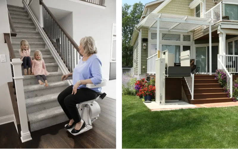 A woman is sitting on a Lifeway Mobility stair lift getting ready to ride up a long flight of stairs as her granddaughter are looking on. A Lifeway Mobility vertical platform lift gives easy access to a raised porch on the outside of a 2-story home