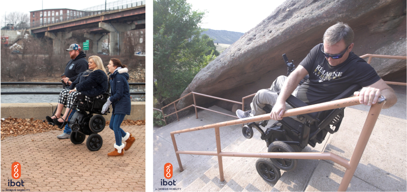 In these two images, the iBot by Mobius Mobility is featured in balance mode walking at eye level with two companions and stair climbing mode as a man descends an outdoor flight of stairs.