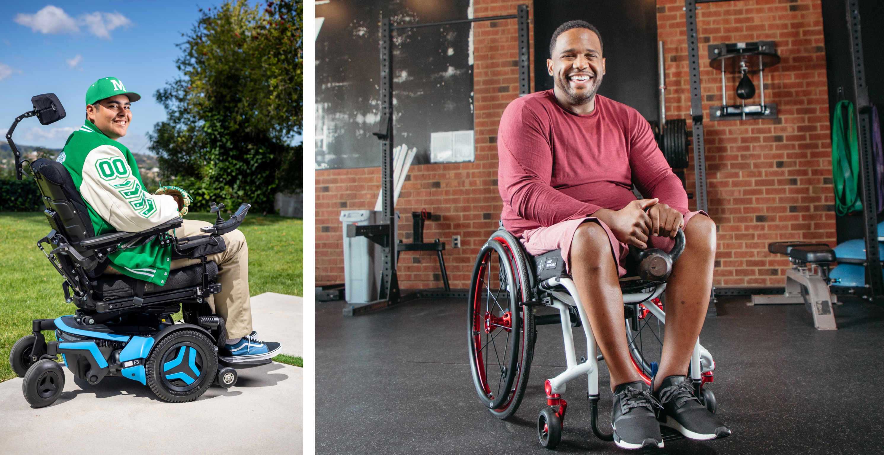 Two images of Permobil wheelchairs. In one, a man in a gym is smiling from his red-accented ROHO Hybrid manual wheelchair. In the other, another man is smiling from blue-accented F3 Corpus powerchair.