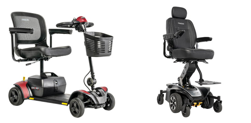 Images of two Pride Mobility devices: Jazzy Air MED and ET2 Cardinal Red