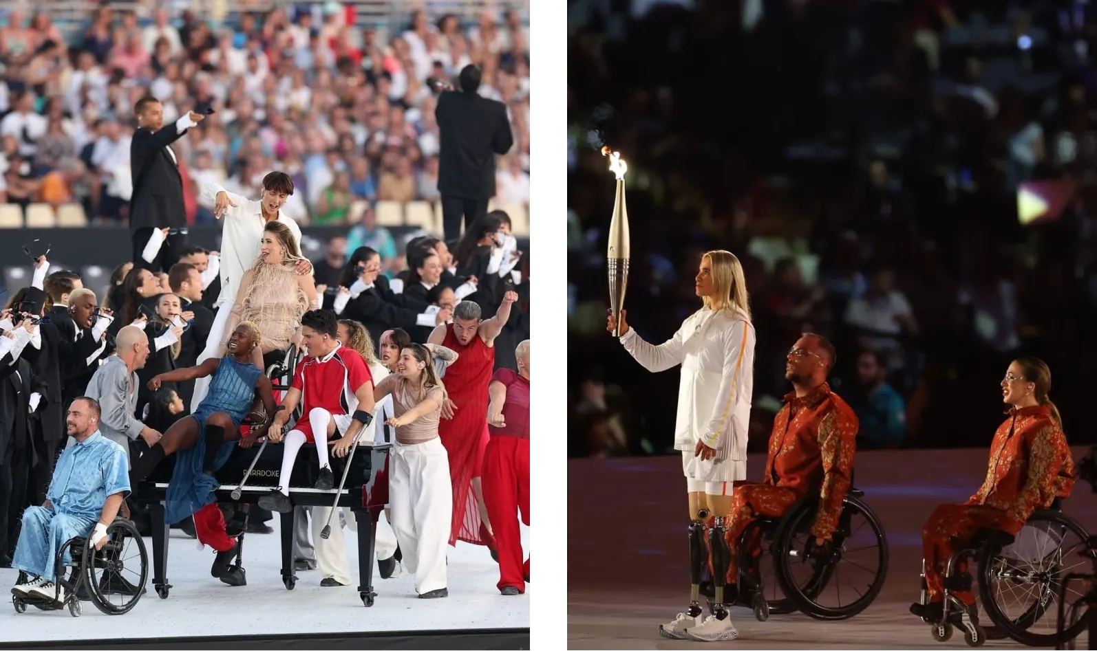 On the left, Chelsie Hill is performing on top of a piano surrounded by dancers at the Opening Ceremony of the Paralympics. On the right, Chelsie Hill is on stage with the another wheelchair user and a woman with two prosthetic legs holding the torch.