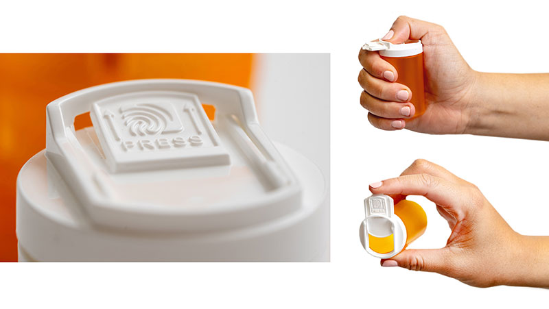 Close-up of the SnapSlide lid with two images of a person’s singe hand easily sliding the cap open.