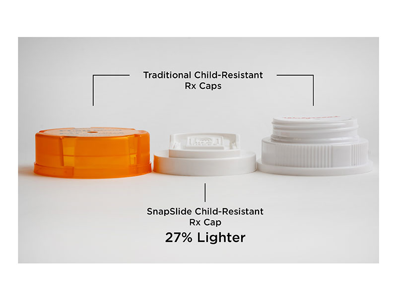 Image displays two traditional child-resistant Rx caps on either side of the SnapSlide child-resistant Rx cap, which is 27% lighter.