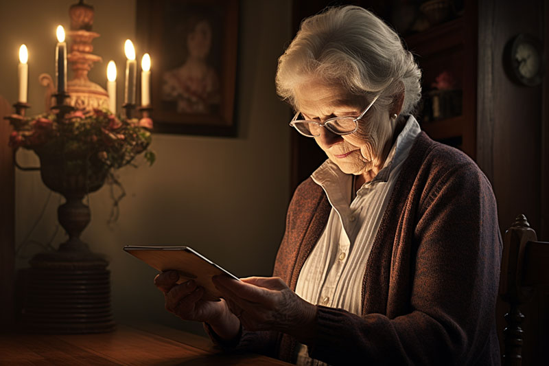 Seniors using technology. Man smiles while checking his messages.