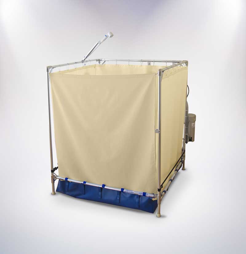 The SS4040 model of the FAWSsit Portable Showers is completely enclosed by the show curtain.