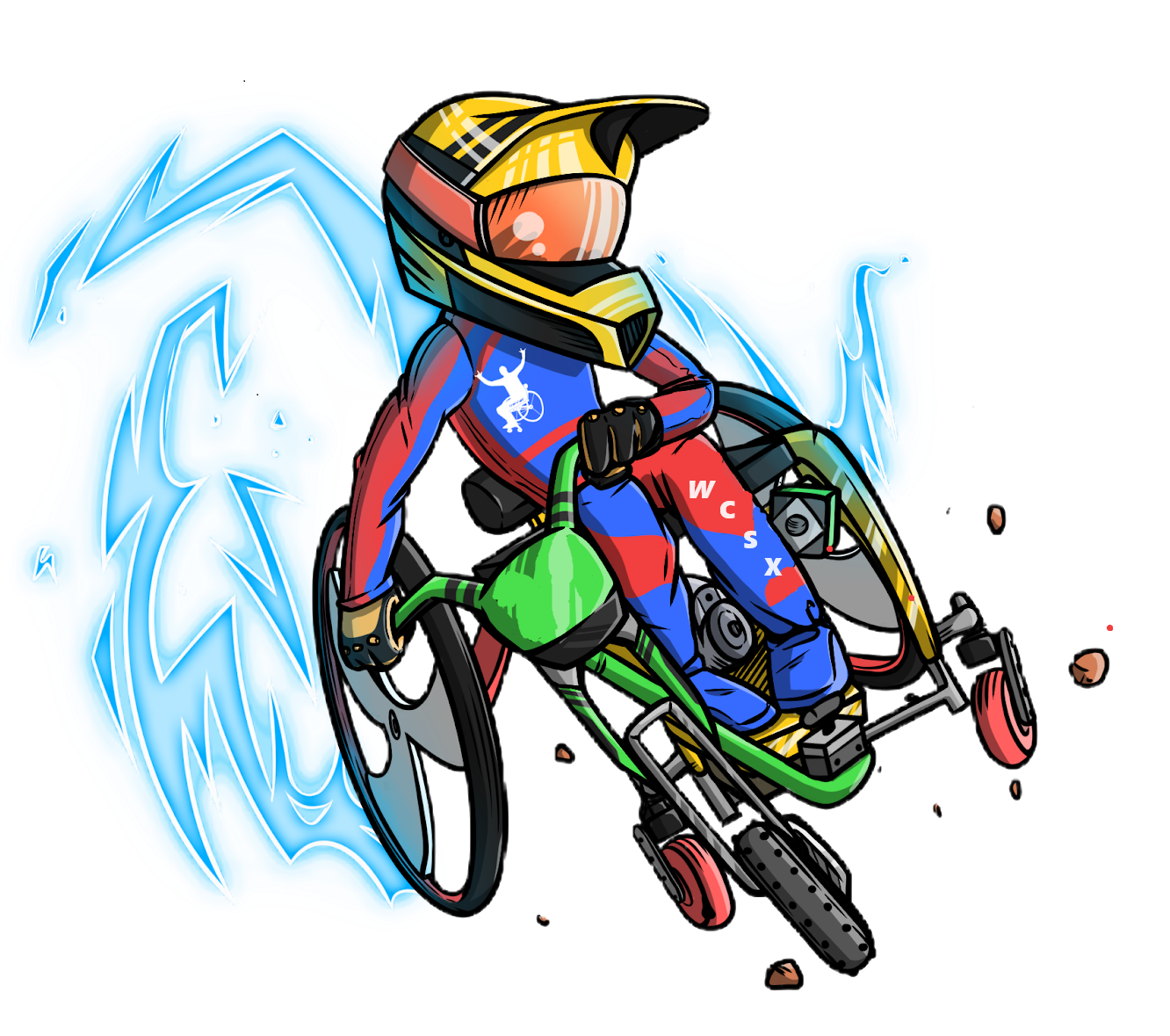 Illustrated W.C.S.X. Wheelchair Super X AI Rider catches air with blue lighting emitting from the wheelchair.