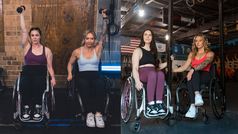 Dressed in workout gear in a warehouse-looking gym, Jesi Stracham and Nikki Walsh are sitting comfortably in their chairs and looking off into the distance.