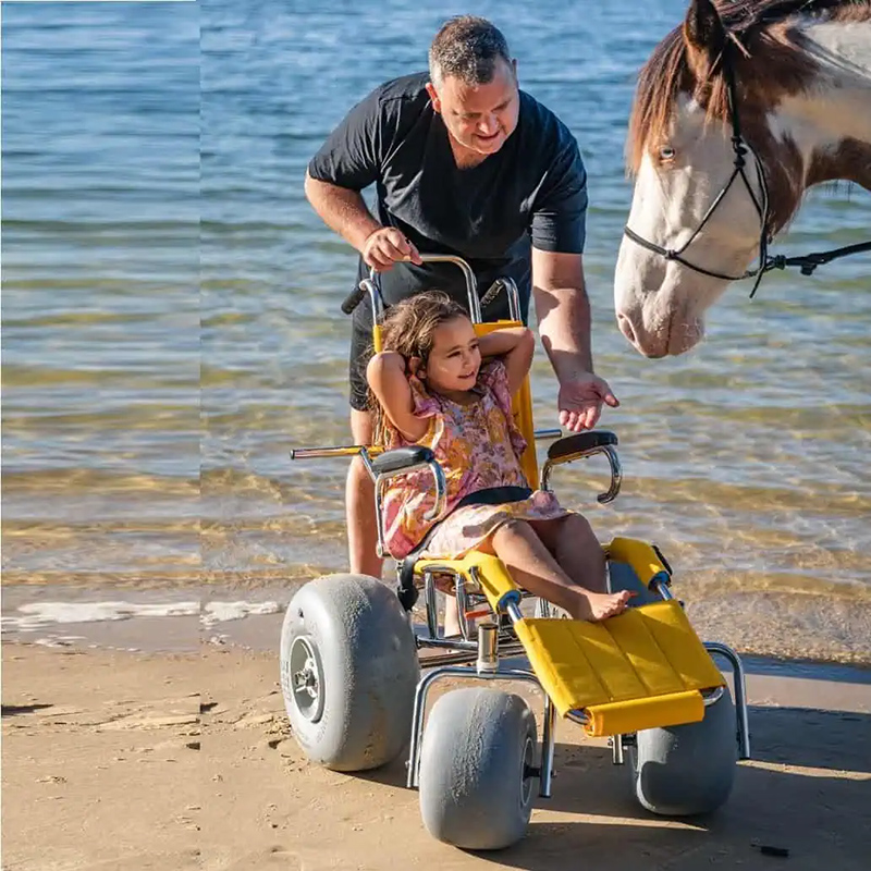 A father is pushing his daughter in a Wheeleez Sandpiper up to a waiting horse on the beach.