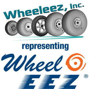 Illustration of a variety of wheels placed in ascending order by size with Wheeleez, Inc. written on an angle above it in teal.